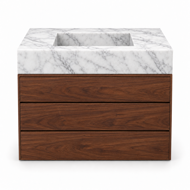 Carrara integrated stone sink with dark walnut three-drawer vanity, front view
