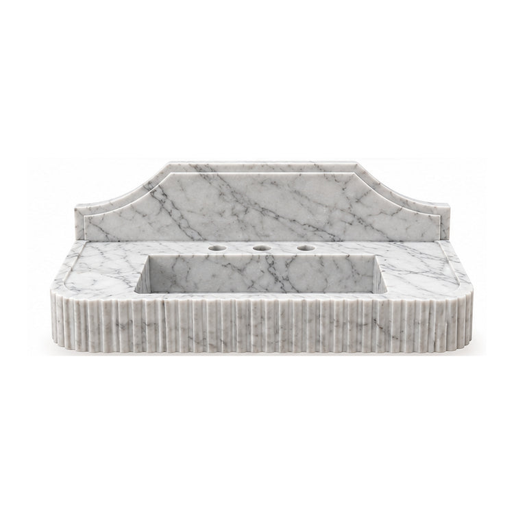 Carrara fluted marble sink with sculpted arched backsplash and integrated basin on white background, design visualization