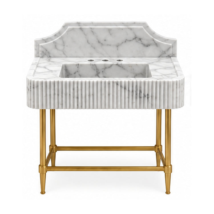 Carrara White fluted marble console sink with curved backsplash and brass legs, white background digital design visualization