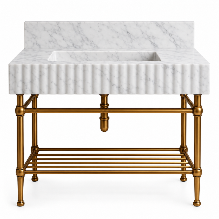 Carrara fluted console sink, backsplash and brass rack shelf, front view