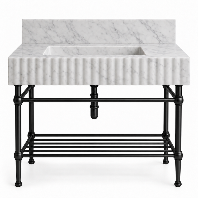 Carrara fluted sink with matte black console legs and lower shelf, front view
