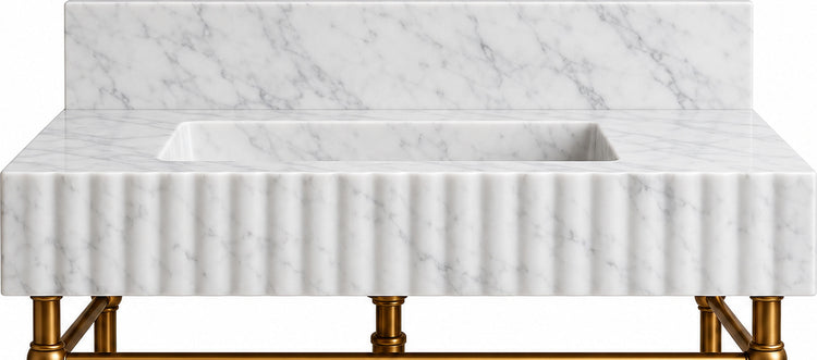 Carrara Marble Fluted Console Sink with Backsplash and Metal Legs and Rack Shelf - basin and stone apron detail