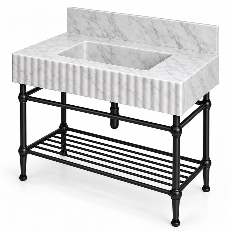 Carrara Marble Fluted Console Sink with Backsplash and Matte Black Legs, alternate angle on white, design rendering