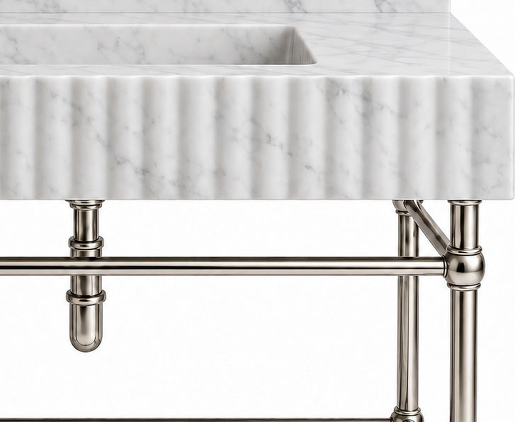 Carrara Marble Fluted Console Sink with Backsplash and Nickel Legs - stone texture and metal support detail