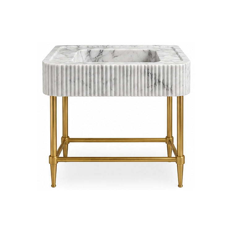 Carrara White fluted integrated marble sink vanity with brass finish metal console legs, product design visualization on white background