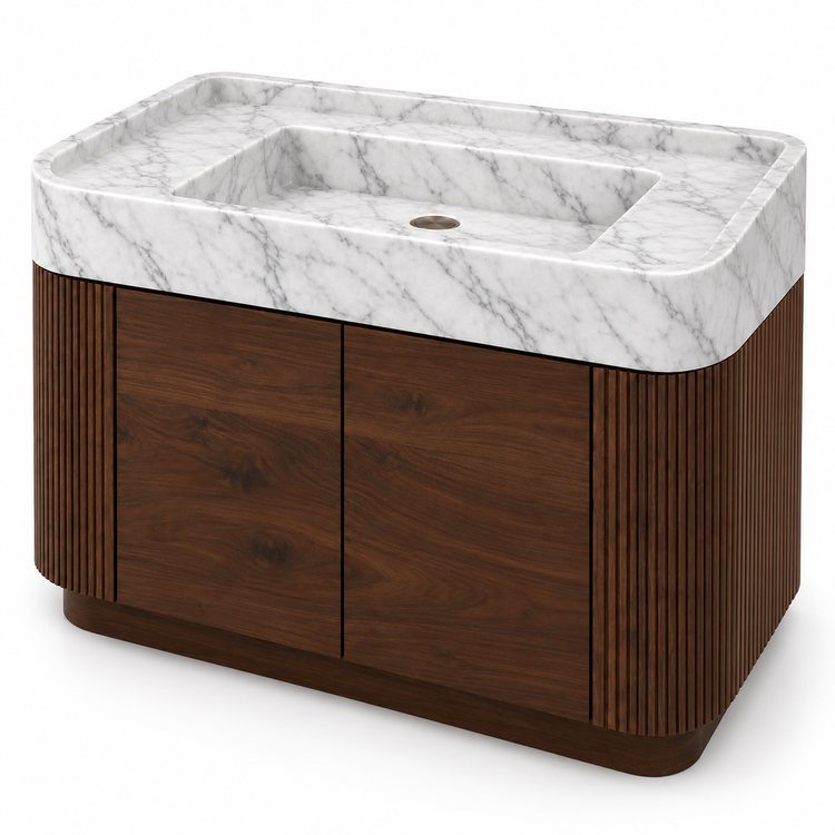 Carrara Integrated Marble Sink with Curved Dark Walnut Vanity, alternate angle on white, design rendering