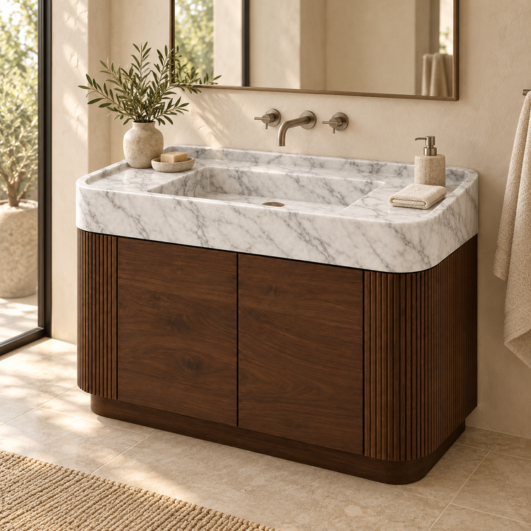 Carrara Integrated Marble Sink with Curved Dark Walnut Vanity, styled bathroom view, design rendering