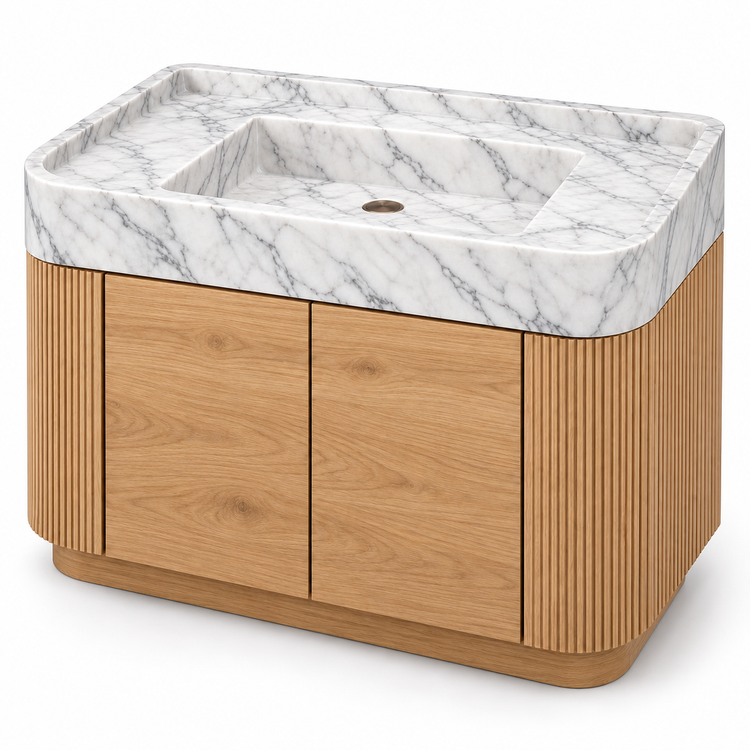 Carrara Integrated Marble Sink with Curved Oak Vanity, three-quarter view on white, design rendering