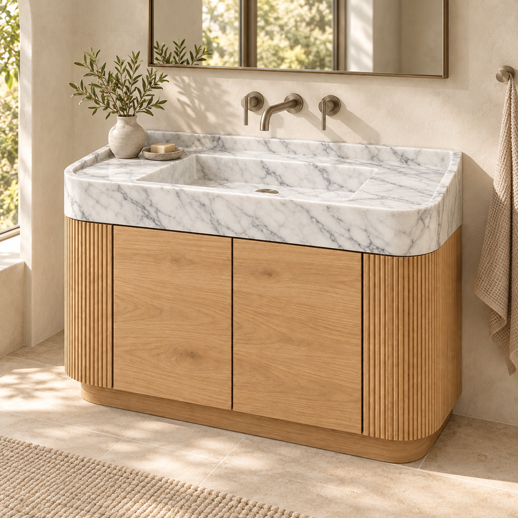 Carrara Integrated Marble Sink with Curved Oak Vanity, styled bathroom view, design rendering