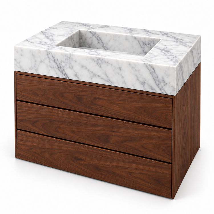 Carrara Integrated Marble Sink with Three-Drawer Dark Walnut Vanity, three-quarter view on white, design rendering