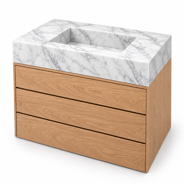 Carrara Integrated Marble Sink with Three-Drawer Oak Vanity, three-quarter view on white, design rendering