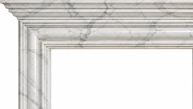 Carrara Layered Cornice Bolection Marble Fireplace Surround - upper mantel and carved profile detail