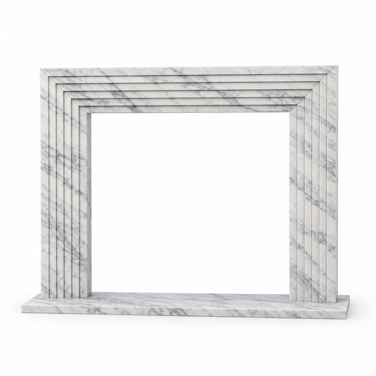 Carrara Linear Stepped Marble Fireplace Surround with Hearth on white background
