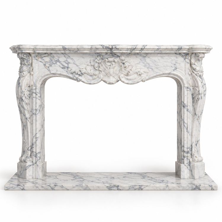 Carrara Louis XV Carved Marble Fireplace Mantel with Hearth on white background