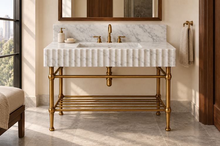 Carrara Marble Fluted Console Sink with Backsplash and Metal Legs and Rack Shelf, installed room hero, lifestyle design rendering