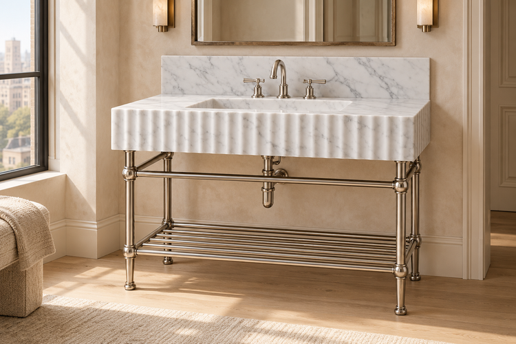 Carrara Marble Fluted Console Sink with Backsplash and Nickel Legs, installed room hero, lifestyle design rendering