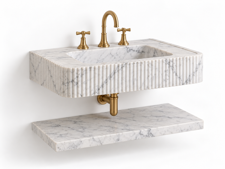 Carrara Marble Sink with Shelf, side view (design rendering)
