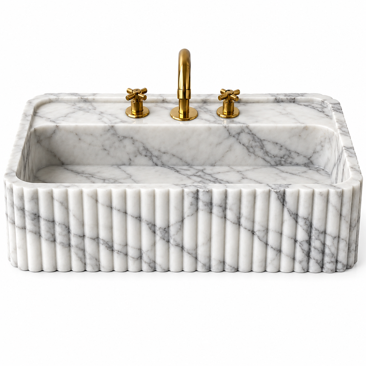 Carrara Marble rounded fluted bathroom sink, illustrative rendering