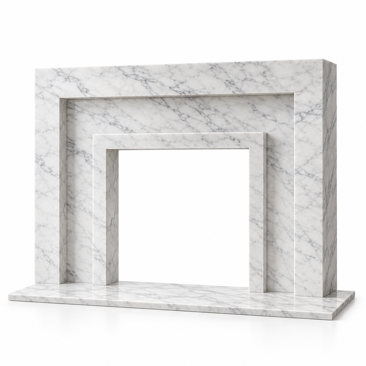 Carrara Stepped Portal Marble Fireplace Surround with Hearth on white background