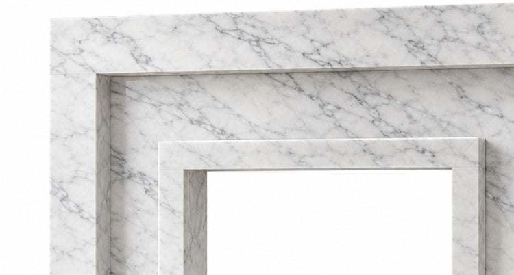 Carrara Stepped Portal Marble Fireplace Surround with Hearth - upper mantel and carved profile detail