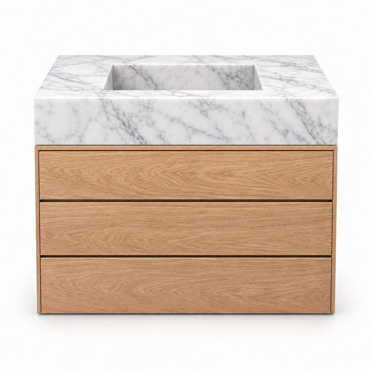Carrara integrated sink and oak three-drawer vanity, front view