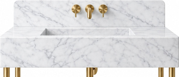 Carrara White Marble Console Vanity with Brass Legs, Shelf & Backsplash - basin and stone apron detail
