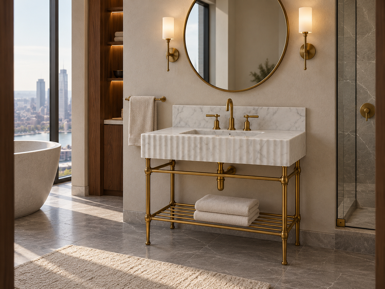 Carrara White Marble Vanity with Brass Legs and Metal Shelf, installed room view (design rendering)