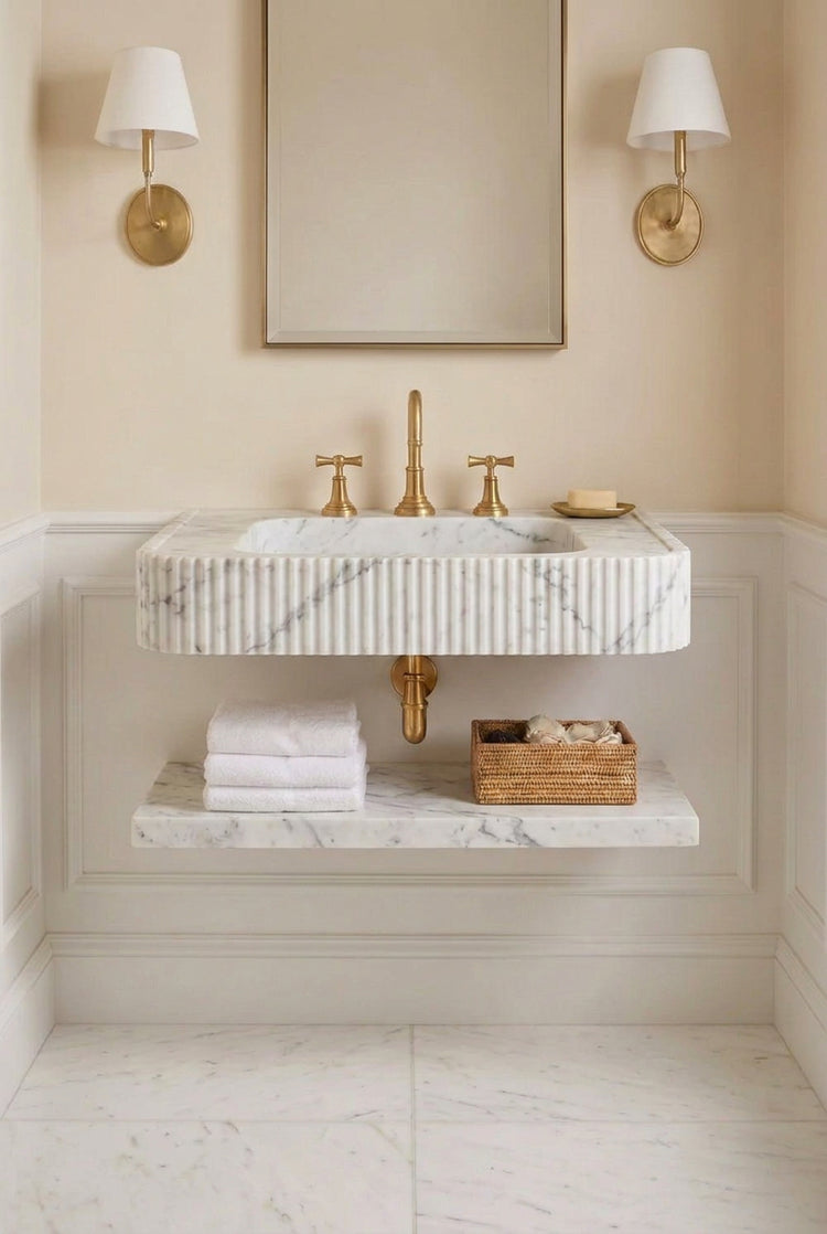 carrara marble sink with shelf