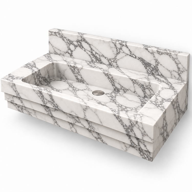 Cascade Arabescato Stepped Front Floating Marble Sink, three-quarter view on white, design rendering