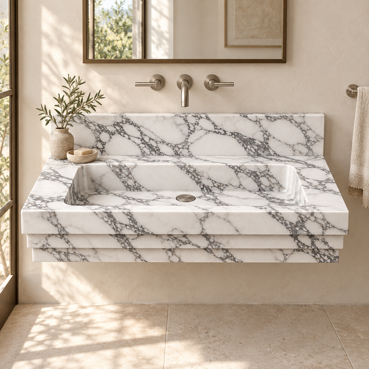 Cascade Arabescato Stepped Front Floating Marble Sink, styled bathroom view, design rendering