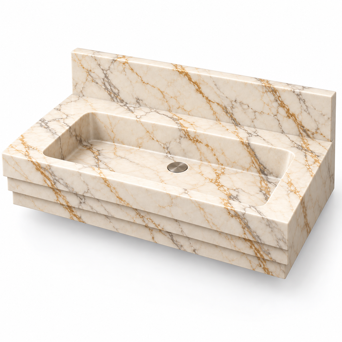Cascade Calacatta Gold Stepped Front Floating Marble Sink, three-quarter view on white, design rendering
