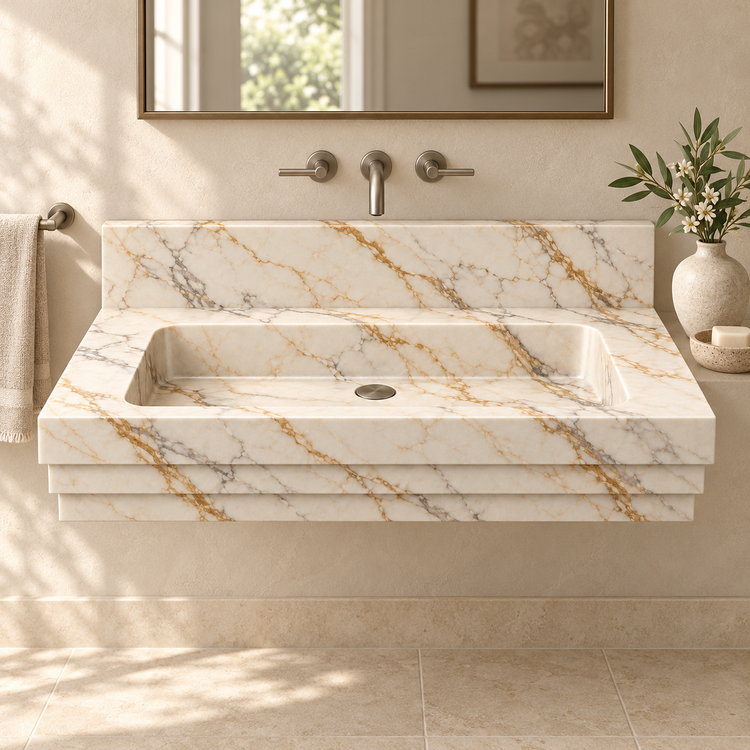 Cascade Calacatta Gold Stepped Front Floating Marble Sink, styled bathroom view, design rendering