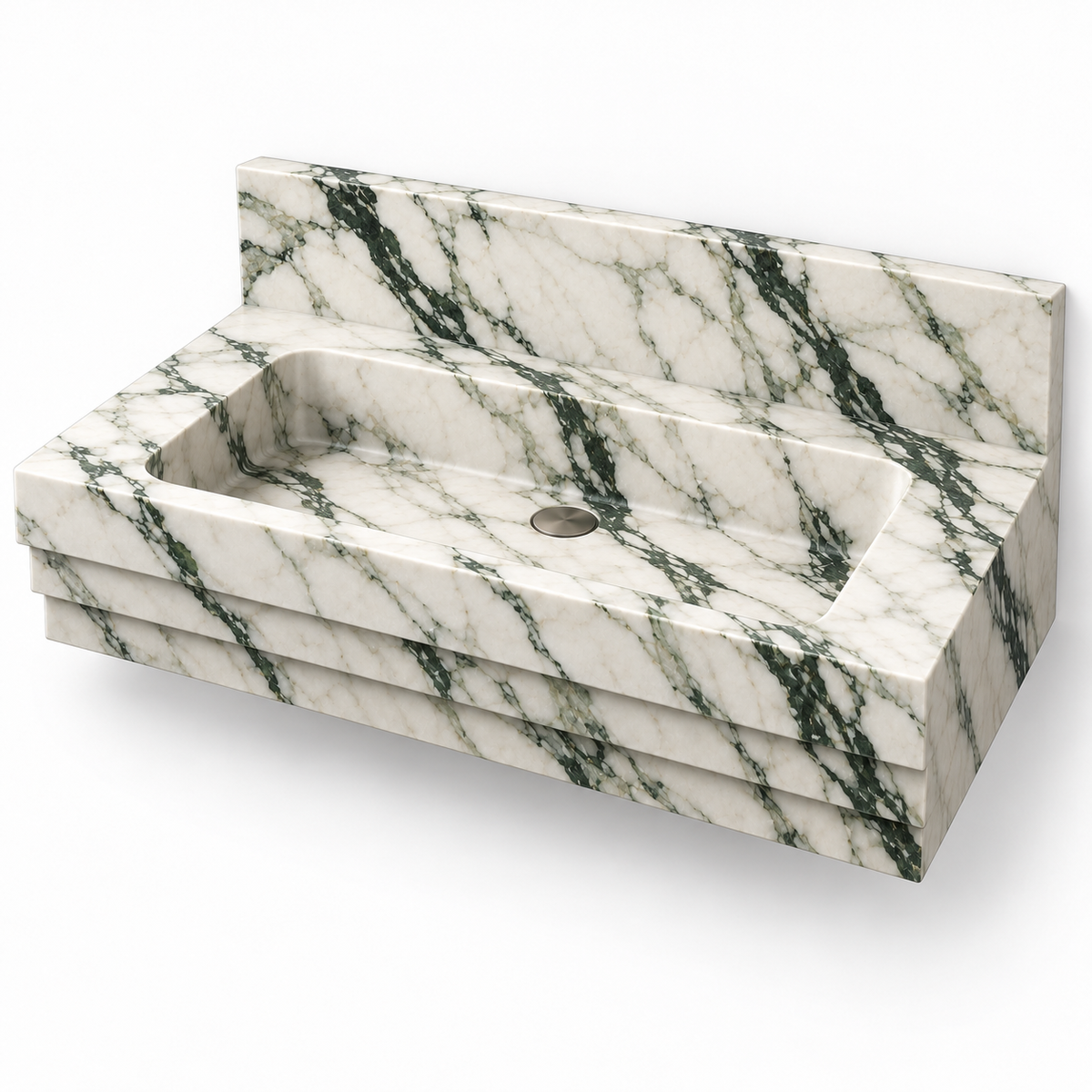Cascade Calacatta Green Stepped Front Floating Marble Sink, three-quarter view on white, design rendering