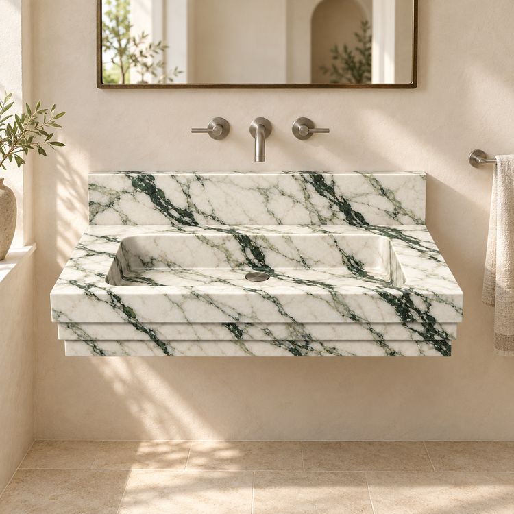 Cascade Calacatta Green Stepped Front Floating Marble Sink, styled bathroom view, design rendering