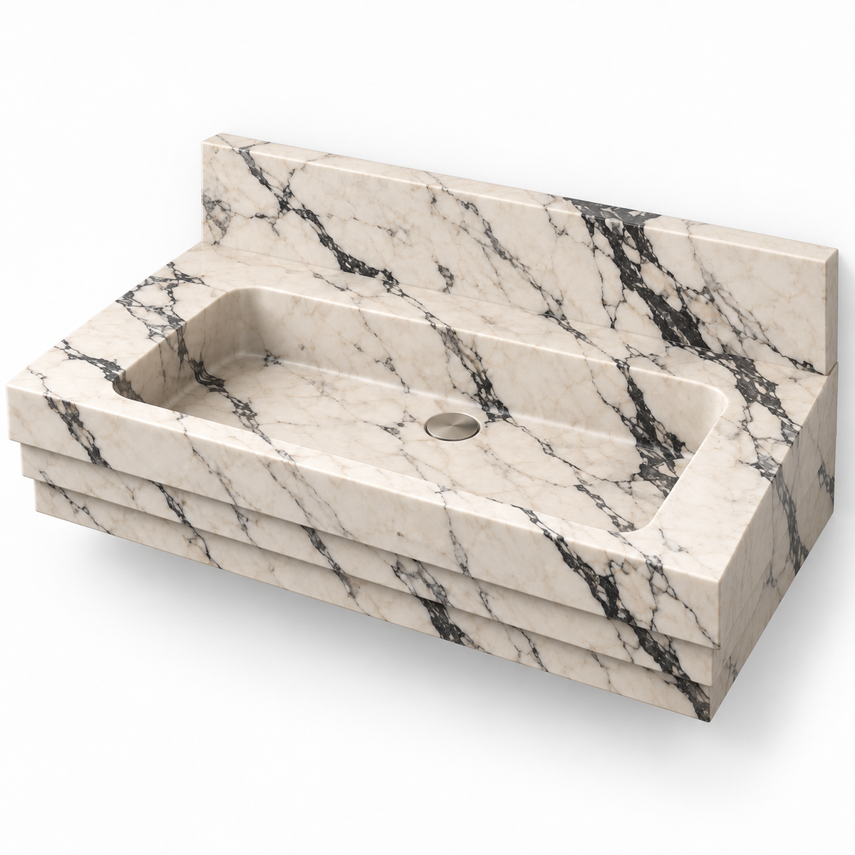 Cascade Calacatta Viola Stepped Front Floating Marble Sink, three-quarter view on white, design rendering