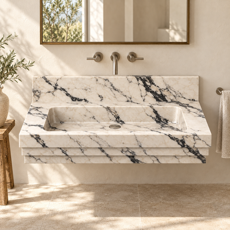 Cascade Calacatta Viola Stepped Front Floating Marble Sink, styled bathroom view, design rendering
