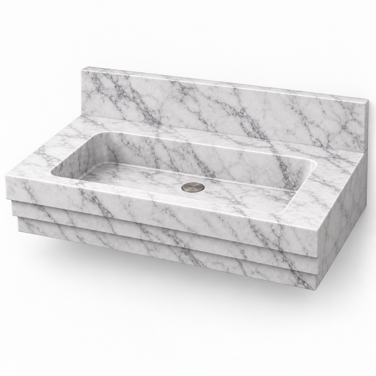 Cascade Carrara Stepped Front Floating Marble Sink, three-quarter view on white, design rendering