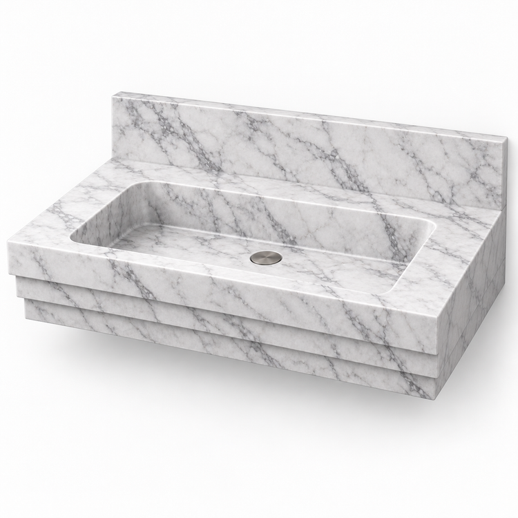 Cascade Carrara Stepped Front Floating Marble Sink, three-quarter view on white, design rendering