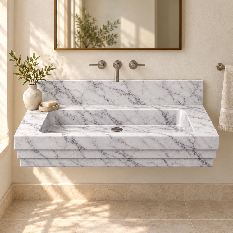 Cascade Carrara Stepped Front Floating Marble Sink, styled bathroom view, design rendering