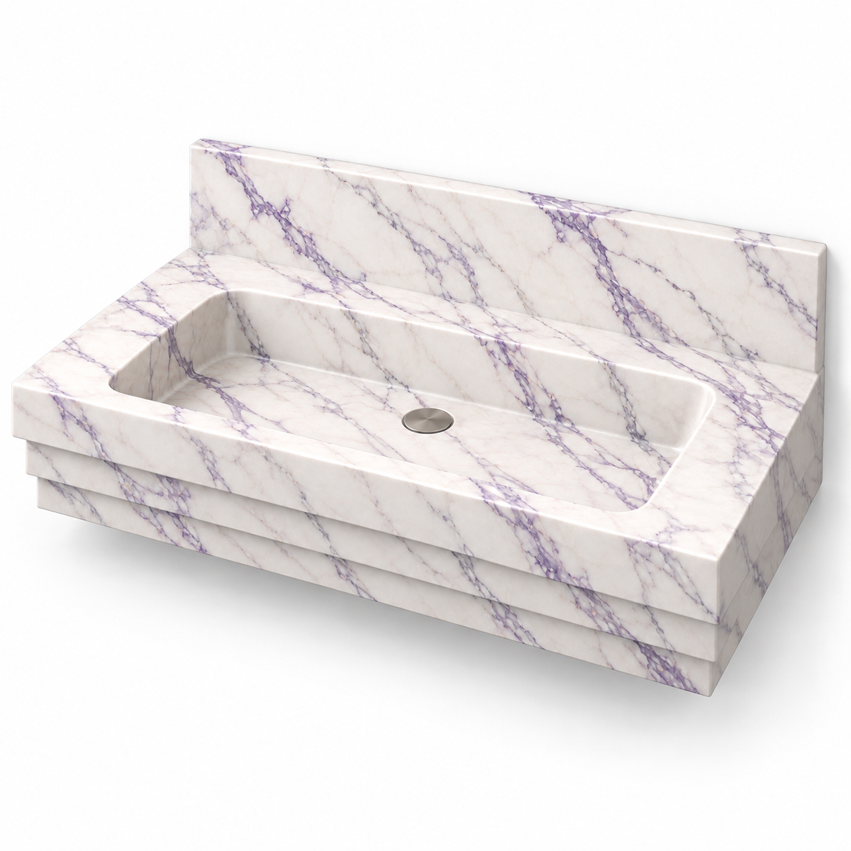 Cascade Lilac Stepped Front Floating Marble Sink, three-quarter view on white, design rendering