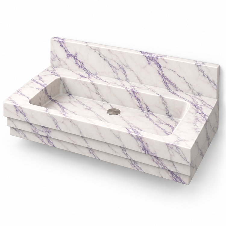 Cascade Lilac Stepped Front Floating Marble Sink, three-quarter view on white, design rendering