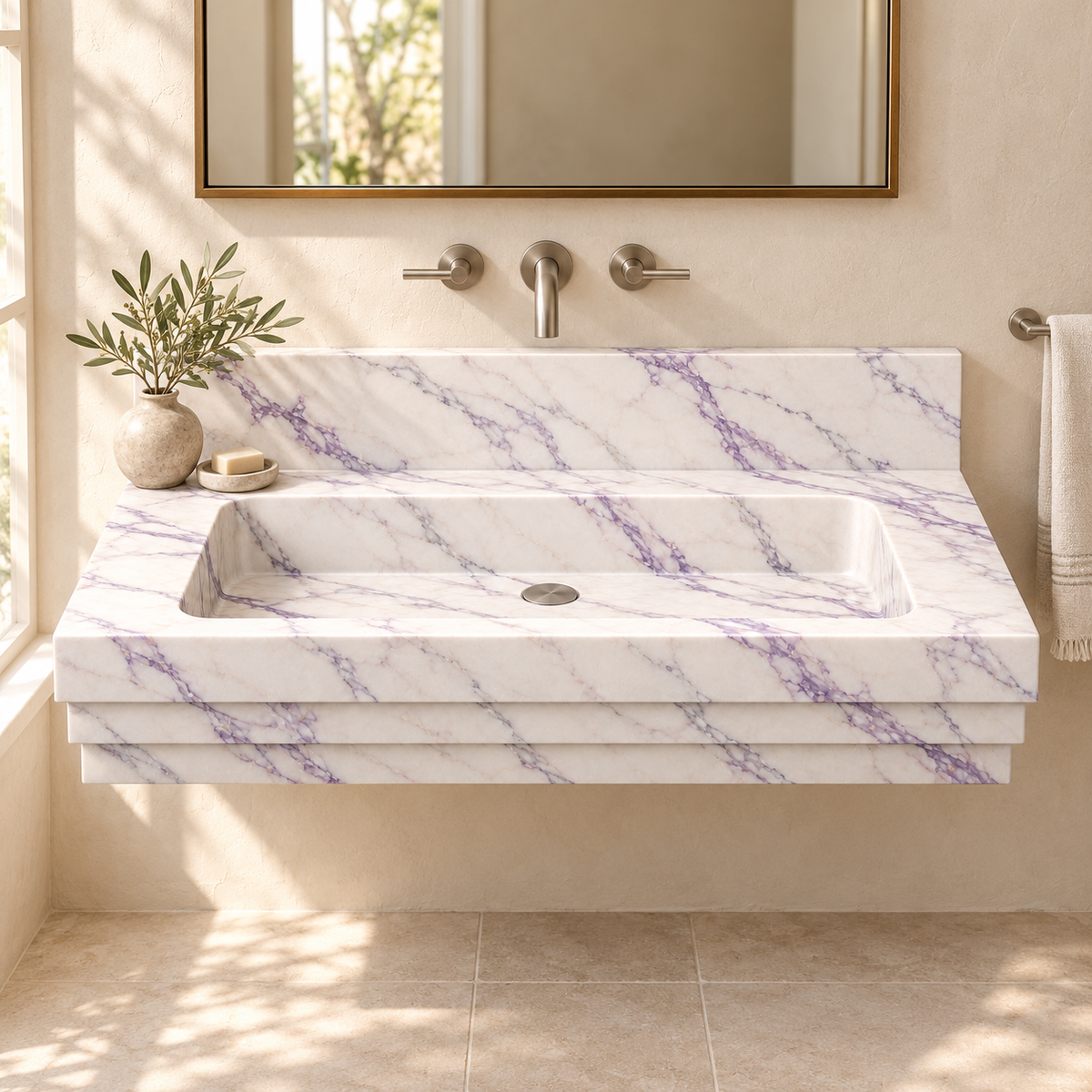 Cascade Lilac Stepped Front Floating Marble Sink, styled bathroom view, design rendering