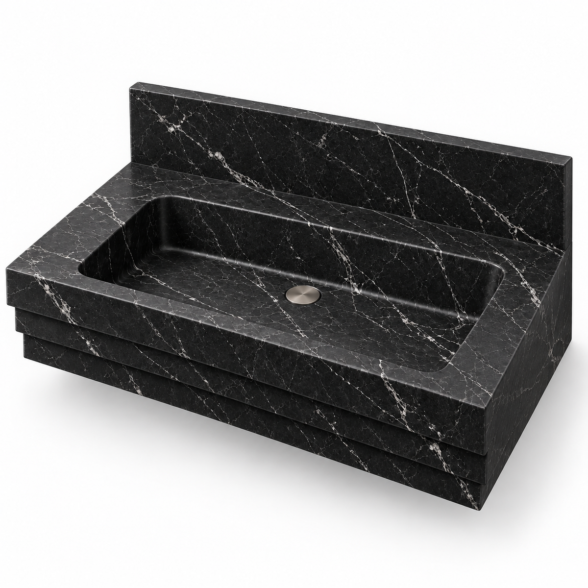 Cascade Nero Marquina Stepped Front Floating Marble Sink, three-quarter view on white, design rendering