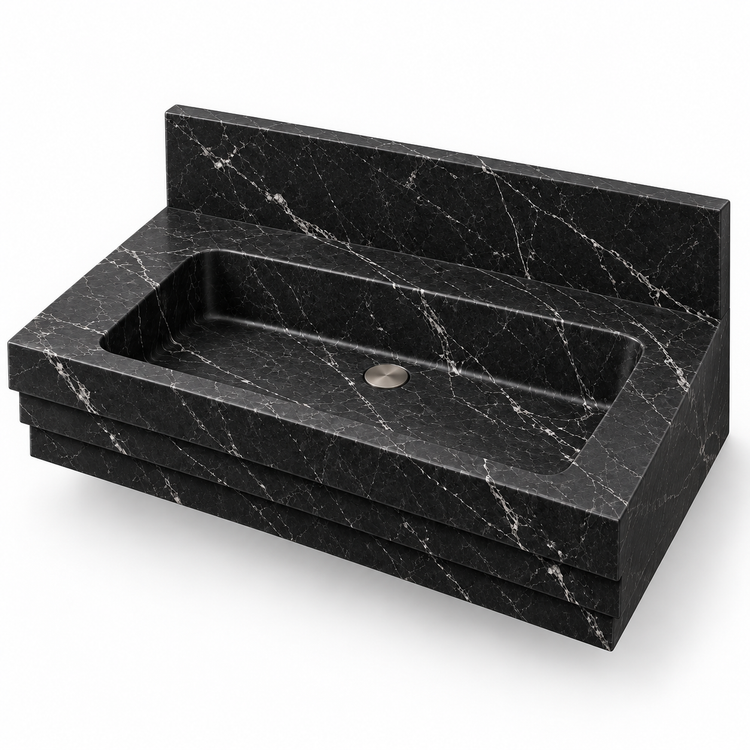 Cascade Nero Marquina Stepped Front Floating Marble Sink, three-quarter view on white, design rendering