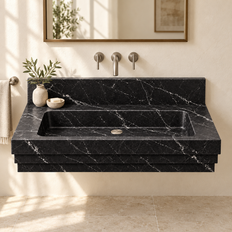 Cascade Nero Marquina Stepped Front Floating Marble Sink, styled bathroom view, design rendering