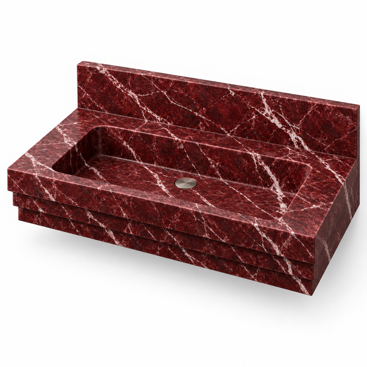 Cascade Rosso Levanto Stepped Front Floating Marble Sink, three-quarter view on white, design rendering