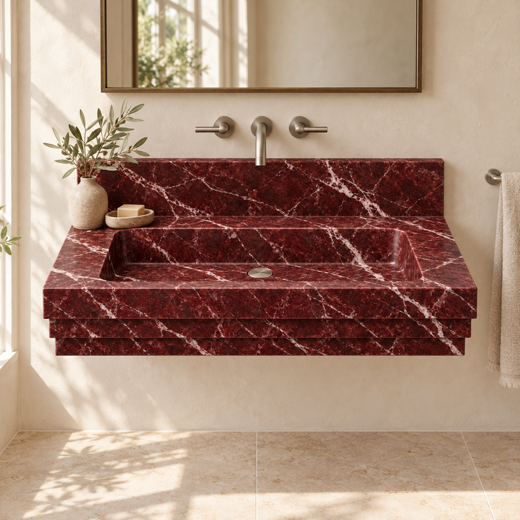 Cascade Rosso Levanto Stepped Front Floating Marble Sink, styled bathroom view, design rendering