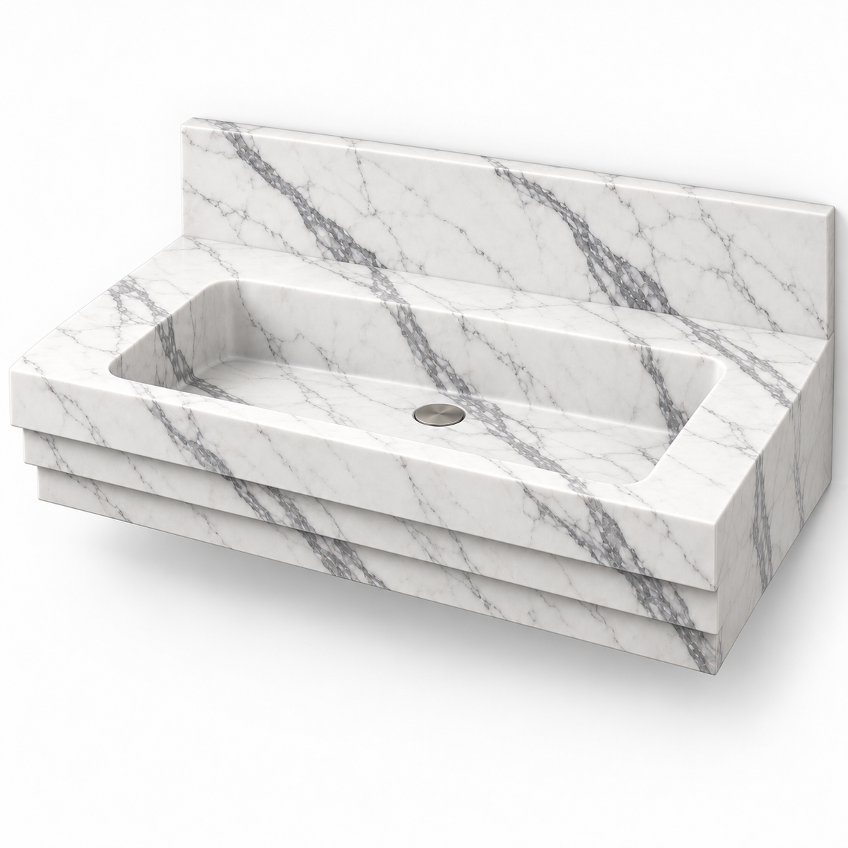 Cascade Statuario Stepped Front Floating Marble Sink, three-quarter view on white, design rendering