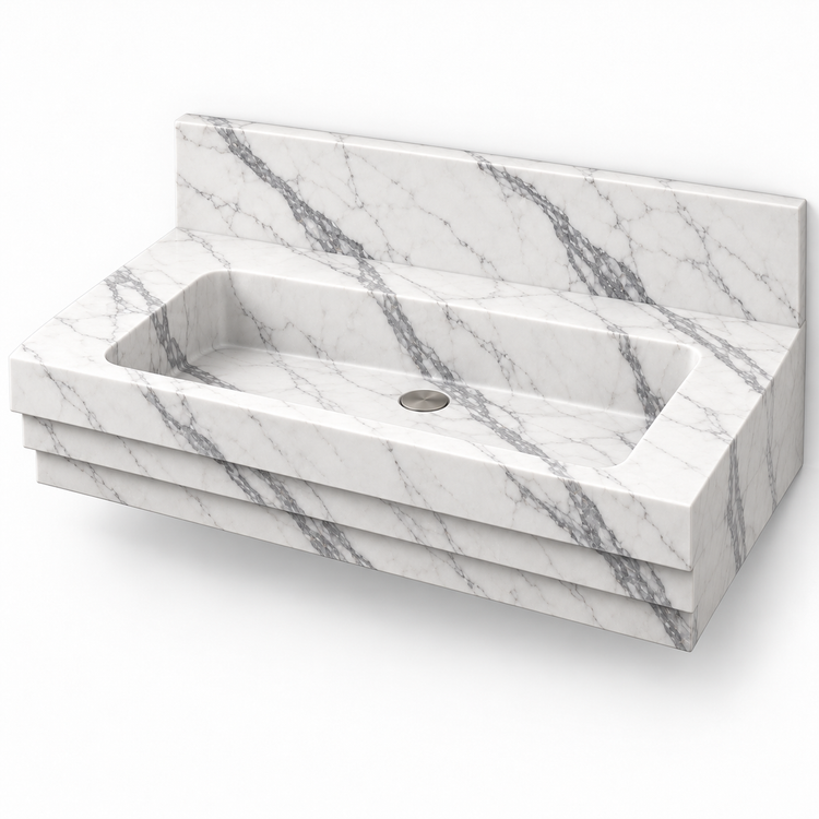 Cascade Statuario Stepped Front Floating Marble Sink, three-quarter view on white, design rendering