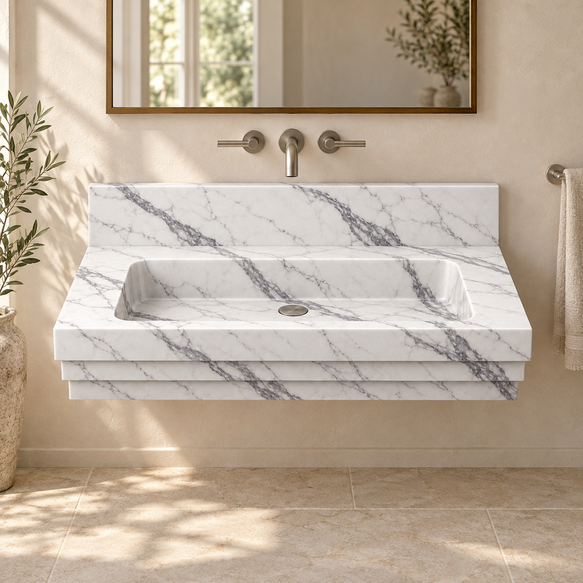 Cascade Statuario Stepped Front Floating Marble Sink, styled bathroom view, design rendering